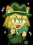 :3 banknote big_eyes black_background blonde_hair blush bottomwear button_(fastener) cat_smile clothed clothing cute_fangs diamond_(gem) dress_shirt eyebrows fangs featureless_hands fedora female gangster gem gesture glistening glistening_hair green_bottomwear green_clothing green_hat green_headwear green_necktie green_pants green_suit hair hand_gesture hat headgear headwear highlights_(coloring) holding_money holding_object inner_ear_fluff jewelry light_body light_skin looking_at_viewer meme_pose mitten_hands money necktie open_:3 open_mouth open_smile pants pattern_clothing pattern_suit pupils raised_eyebrow red_eyes red_pupils shirt simple_background slit_pupils smile solo sparkles striped_clothing striped_suit stripes suit teeth thumbs_up tongue topwear tuft white_clothing white_dress_shirt white_inner_ear_fluff white_shirt white_topwear sunny_waifu among_us gangster_spongebob innersloth tsukihime type-moon neco-arc animal_humanoid cat_humanoid domestic_cat felid felid_humanoid feline feline_humanoid felis humanoid mammal mammal_humanoid neco_spirit 2023 artist_name colored digital_drawing_(artwork) digital_media_(artwork) hi_res meme shaded