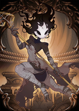 anthro arthropod_webbing breasts cleavage clothed clothing collarbone detailed_background empty_eyes female glistening glistening_breasts glistening_face holding_object holding_weapon melee_weapon silk small_breasts solo torn_clothing weapon dragoumare phantom_(hollow_knight:_silksong) arthropod hi_res