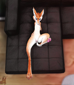 4_toes anthro anus belly blush detailed_background digitigrade featureless_chest feet female flat_chested fur furniture genitals high-angle_view inside lying nude nude_anthro nude_female on_back on_sofa orange_body orange_fur pawpads plantigrade slim slim_anthro slim_female sofa solo toes vulva white_belly felixguara suni'ave_(artist) paradox_interactive stellaris alien canid canine fox mammal mammalian_3 hi_res