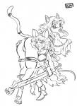 anthro armor barbarian big_breasts blush bracelet breasts butt clothed clothing duo female female/female fur genitals hair jewelry looking_at_viewer melee_weapon muscular pussy simple_background surprise sword warrior weapon punishedkom domestic_cat felid feline felis mammal mouse murid murine rodent hi_res monochrome