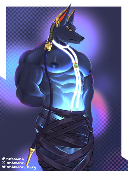 abs anthro bulge clothed clothing eyewear fur male muscular muscular_anthro muscular_male nipples pecs simple_background solo nnknwnn_(artist) dislyte lilith_games drew_(dislyte) anubian_jackal canid canine canis jackal mammal 3:4 hi_res