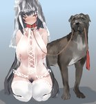 ambiguous_gender big_breasts blush breasts bridal_lingerie brown_body brown_fur clothing collar duo female feral fur human_pet kneeling leash leashed_collar legwear lingerie looking_at_viewer pubes red_eyes thigh_highs translucent translucent_clothing wedding_veil polki animal_humanoid canid canid_humanoid canine canine_humanoid canis domestic_dog humanoid mammal mammal_humanoid wolf_humanoid