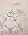 abs anthro black_eyes china clothing collar fingerless_gloves gloves hair handwear harness leather male muscular muscular_male nipples pecs pubes solo speech_bubble speedo swimwear text grape_shifter shizo felid lion mammal pantherine english_text