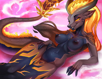 amber_eyes anthro areola bedroom_eyes clothing featureless_crotch female fire flaming_tail heart_symbol horn lava lava_hair looking_at_viewer narrowed_eyes nipples nude panties pseudo_hair seductive solo tail underwear millouyre mythology pompeii_(timberwolfl) dragon mythological_creature mythological_scalie scalie hi_res