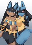 anthro anubis_(pal) big_breasts blue_body blue_eyes blue_fur breast_squish breasts brown_body canid canine crossover curvy_figure digital_media_(artwork) duo eyelashes female female/female fingers fur generation_4_pokemon hi_res jewelry looking_at_viewer lucario mammal mitsu-inu nintendo pal_(species) palworld pocketpair pokemon pokemon_(species) red_eyes simple_background smile squish tail tan_body tan_fur tufted_fur voluptuous wide_hips