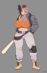 anthro backpack baseball_bat bat_(object) big_breasts bionics blue_eyes boots breasts broad_shoulders brown_body brown_fur clothed clothing curvy_figure cybernetics ear_piercing eye_patch eyewear female footwear fur gloves grenade_launcher grey_background gun hair handwear holding_melee_weapon holding_object holding_weapon huge_breasts jacket knee_pads knife m79 machine melee_weapon piercing ranged_weapon red_hair shoes simple_background slightly_chubby solo stocky topwear voluptuous weapon hear_(artist) springfield_armory vanessa_richtenstein bear mammal digital_media_(artwork)