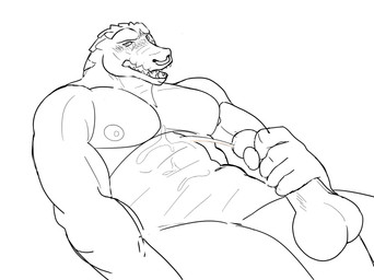 angeliclust anthro balls bodily_fluids cum cumshot ejaculation facial_piercing genital_fluids genitals male muscular muscular_male nose_piercing nose_ring pecs penis piercing ring_piercing scales solo_focus alligator alligatorid crocodilian reptile scalie hi_res