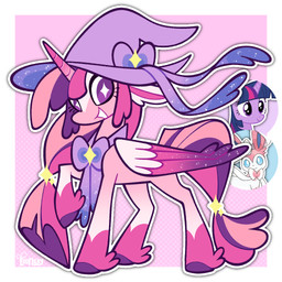 clothing eyelashes female female_feral feral fusion gradient_wings hair hat headgear headwear hooves horn leg_tuft logo multicolored_hair multicolored_tail open_mouth open_smile pink_background pink_hair pink_horn pink_tail pink_wings purple_clothing purple_eyes purple_hat purple_headwear purple_hooves purple_ribbon quadruped side_view simple_background smile solo standing star_pupils tail tied_hair tuft wings witch_hat 3ggmilky equestria_girls hasbro my_little_pony mythology nintendo pokemon twilight_sparkle_(eg) eeveelution equid equine generation_6_pokemon mammal mythological_creature mythological_equine pokemon_(species) sylveon winged_unicorn 1:1 artist_logo crossover digital_drawing_(artwork) digital_media_(artwork) flat_colors hi_res pink_theme reference_image