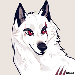 ambiguous_gender black_ears black_nose cheek_tuft facial_markings facial_tuft feral fur glistening glistening_eyes head_markings markings neck_tuft red_eyes red_markings simple_background smile solo text tuft white_body white_fur unknowhiter canid canine canis domestic_dog mammal 1:1 2015 artist_name bust_portrait icon portrait