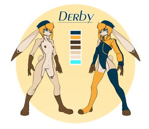 anthro blonde_hair blue_eyes breasts brown_body brown_fur clothing female fur hair hat headgear headwear legwear slim small_breasts solo standing thigh_highs white_body white_fur hush_button derby_(mrbuttonboi) lagomorph leporid mammal rabbit hi_res model_sheet