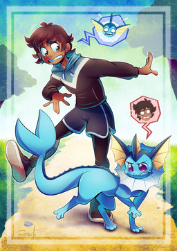 ambiguous_gender blue_body bodily_fluids body_swap bottomwear brown_hair clenched_teeth clothing duo feral footwear grass hair hoodie looking_down male pants plant road shocked shoes shorts standing sweat tail teeth topwear tree vaporotem nintendo pokemon axel_(poke789) eeveelution generation_1_pokemon human mammal pokemon_(species) vaporeon digital_media_(artwork) hi_res