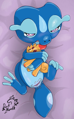 animal_genitalia bed bedding bedding_background blue_body bodily_fluids cloaca cloaca_juice female feral furniture genital_fluids genitals holding_object holding_plushie horizontal_cloaca lying on_back on_bed on_bedding plushie simple_background solo tears dorknoodle nintendo pokemon pokemon_winds_and_waves gecqua generation_10_pokemon pokemon_(species) pombon reptile scalie 2026 digital_drawing_(artwork) digital_media_(artwork) hi_res