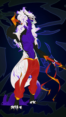 anthro bottomwear claws clothing fur gold_(metal) hair katana long_hair long_tail male melee_weapon multicolored_body multicolored_fur multicolored_hair pants pink_eyes pose purple_body purple_fur red_bottomwear red_clothing red_outfit red_pants sharp_teeth solo sword tail teeth weapon white_body white_fur bisamon sergal 4:7 absurd_res digital_drawing_(artwork) digital_media_(artwork) hi_res tagme