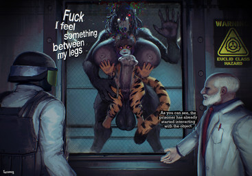 animal_genitalia anthro balls big_breasts big_penis black_body black_fur black_hair bodily_fluids bone breasts duo erection fur genital_fluids genitals gynomorph hair intersex intersex/male male nipples nude penis profanity size_difference skull skull_head tail text thick_thighs tiger_daemon tussamag scp_foundation altyren_therein scp-1471-a canid canine felid feline malo mammal tiger_demon english_text hi_res