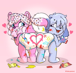 abdl accessory anthro blue_body blue_eyes blue_fur bow_ribbon bracelet diaper duo femboy fingerpainting fur hair_accessory heart_symbol hearts_around_head holidays jewelry male pink_body pink_fur purple_eyes sprinkles sprinkles_in_hair sprinkles_on_tail toddler young smolskeenie valentine's_day katiepup lacie_(arimitama) canid canine mammal mustelid otter river_otter hi_res trans_(lore) trans_woman_(lore)