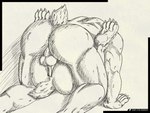 anal anthro ball_tuft balls big_dom_small_sub butt claws dominant duo feet from_front_position genitals hindpaw lying male male/male missionary_position muscular on_back paws penetration penis perineum raised_tail sex size_difference spread_legs spreading tail tuft garo_(artist) digital_extremes kinktober tencent warframe kubrow 2022 4:3 absurd_res black_and_white hi_res monochrome