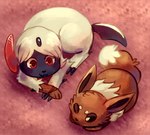 2017 absol ambiguous_gender black_nose brown_body brown_fur claws digital_media_(artwork) duo eevee feral flavia-elric fluffy fluffy_tail forehead_gem fur gem generation_1_pokemon generation_3_pokemon hair hi_res high-angle_view horn loaf looking_at_another lying mouth_closed neck_tuft nintendo on_front on_ground one_eye_closed pokemon pokemon_(species) pupils red_eyes red_horn tail tuft white_body white_fur white_hair white_pupils white_sclera