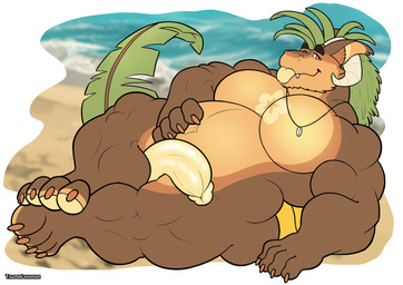 anthro barazoku beach belly big_belly blep bovid_horn caprine_horn fur genitals grass_hair hand_on_belly horn leaf leaf_tail looking_at_viewer lying_on_sand male musclegut muscular muscular_male nude overweight overweight_male penis plant ram_horn sea shell_necklace solo tail tongue tongue_out water yellow_penis tsumeleomon kalei_(hydro19) elemental_creature flora_fauna furred_kobold furred_scalie hybrid kobold scalie absurd_res hi_res