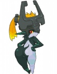 armor bent_over butt female genitals hair headgear helmet looking_at_viewer looking_back markings not_furry nude orange_hair pussy red_eyes simple_background smile solo kemonon nintendo the_legend_of_zelda twilight_princess midna humanoid twili 2007