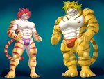 abs anthro bulge clothing detailed_bulge duo fur hair male muscular muscular_anthro muscular_male nipples orange_body orange_fur pecs red_hair speedo striped_body striped_fur stripes swimwear yellow_body yellow_fur x-zudomon lifewonders tokyo_afterschool_summoners macan_(tas) nomad_(tas) felid mammal pantherine tiger 4:3 absurd_res hi_res