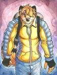 2018 5_fingers anthro backpack black_ears black_nose boneitis brown_eyes canid canine clothed clothing comic cover cover_art cover_page dipstick_ears dipstick_tail ear_markings eyewear fingers fur glasses hair hi_res jacket male mammal markings multicolored_ears multicolored_tail orange_body orange_fur orange_hair signature solo standing tail tail_markings teeth topwear traditional_media_(artwork)