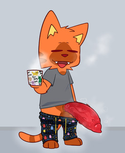 3_toes animal_genitalia animal_penis barefoot bodily_fluids clothing coffee_mug container cup erection eyes_closed fangs feet feline_genitalia feline_penis fur genital_fluids genitals holding_container holding_cup holding_mug holding_object male morning_wood mug musk musk_clouds open_mouth orange_body orange_fur pajamas penile_spines penis plantigrade precum red_eyes solo sweat sweaty_genitalia sweaty_penis tail teeth tired tired_eyes toes crushpepper pac-man_(series) pac-man pepper_(crushpepper) domestic_cat felid feline felis mammal hi_res tagme