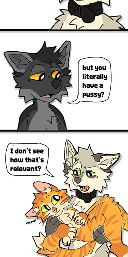 anthro black_body black_collar black_fur carrying_another collar dialogue fur green_eyes grey_body grey_fur group male misgendering nude open_mouth orange_body orange_eyes orange_fur pawpads paws simple_background smile speech_bubble standing striped_body stripes tail tan_body tan_fur text tongue trio whiskers yellow_eyes rookspirit max_(rookspirit) canid canine canis domestic_cat felid feline felis fox mammal wolf absurd_res comic english_text hi_res trans_(lore) trans_man_(lore)