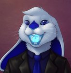 anthro black_clothing black_suit blue_body blue_eyes blue_fur blue_inner_ear blue_necktie blue_nose blue_tongue cheek_tuft clothing facial_tuft front_view fur glistening glistening_eyes hair long_ears looking_at_viewer male mouth_shot necktie open_mouth short_hair simple_background solo suit teeth tongue tuft whiskers white_body white_ears white_fur white_hair skyelegs lagomorph leporid mammal rabbit bust_portrait hi_res portrait