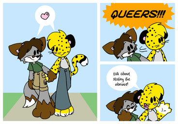 barefoot bottomwear cargo_shorts chibi clothing dialogue feet hand_holding heart_symbol homophobia homophobic_slur male male/male pants shirt shorts tank_top text topwear whiskers tabbiewolf canid canine cheetah felid feline fox mammal comic english_text
