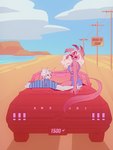 anthro car duo ear_piercing female gauged_ear hair male piercing pink_body road summer vehicle white_body white_hair ansart ford ford_mustang gypsy_(ansart) rex_(ansart) amphibian axolotl canid canine canis mammal marine mole_salamander salamander wolf