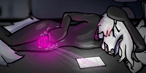 anthro automatic_edging blush bodily_fluids cellphone chastity_device clothing collar edging electronics eyes_closed fur hair infinity_symbol latex latex_clothing latex_skinsuit lock_bulge long_hair lying male moan null_bulge null_stimulation on_side open_mouth orgasm_denial overstimulation permanent_chastity_device phone phone_call phone_screen pillow rubbing sex_toy skinsuit smartphone solo sweat symbol tight_clothing vibrating_bulge vibrator white_body white_fur fennecoflight borzoi canid canine canis domestic_dog hunting_dog mammal sighthound hi_res