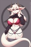 anthro big_breasts blush bottomwear bottomwear_down bra breasts cleavage clothed clothing clothing_lift collar female fur horn inverted_pentagram occult_symbol panties pants pants_down partially_clothed pentagram shirt shirt_lift symbol tail thick_thighs topwear underwear white_body white_fur re-sublimity-kun mythology radna dragon mythological_creature mythological_scalie scalie 2023 digital_media_(artwork) hi_res