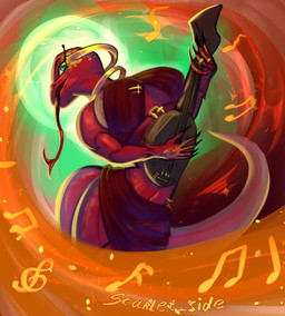 anthro bard big_breasts breasts clothed clothing dress female gold_(metal) gold_jewelry jewelry long_tongue looking_at_viewer magic musical_instrument open_mouth red_body red_skin simple_background smile solo string_instrument tail tongue scarlet_side dungeons_and_dragons hasbro wizards_of_the_coast reptile scalie snake digital_media_(artwork) hi_res