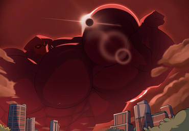 armor biceps big_muscles city cityscape eclipse front_view growth headgear helmet horn horned_helmet huge_muscles hyper hyper_muscles macro male muscular pecs solo penbeetle axis demon demon_humanoid humanoid bust_portrait hi_res portrait