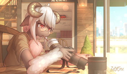 ambiguous_gender anthro black_body black_skin book building camera chair clothed clothing container cup drinking_straw eyewear fur furniture glasses hair horn inside red_eyes sky solo stairs table text white_hair wood wool_(fur) zinfyu sakura_hichuena bovid caprine mammal sheep 2018 absurd_res digital_media_(artwork) english_text hi_res shaded