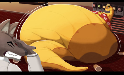 aloha_shirt anthro belly belly_expansion belly_inflation big_belly bloated button_(fastener) clothing container cup duo expansion eyes_closed facepalm feral huge_belly hyper hyper_belly inflation inside liquid_inflation male motion_lines pattern_clothing pattern_shirt pattern_topwear shirt sitting soda_fountain soda_inflation straining_buttons teeth tight_clothing topwear shweetmagnet dreamworks the_bad_guys mr._snake_(the_bad_guys) mr._wolf_(the_bad_guys) canid canine canis mammal reptile scalie snake wolf 2025 hi_res