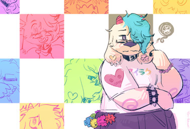 ambiguous_gender angry anthro bashful blue_hair blush bracelet checkered checkered_background clothed clothed_anthro clothing collar emotion_chart expressions eyewear glasses hair happy heart_symbol horn jewelry open_mouth pattern_background shirt shy side_eye simple_background spiked_bracelet spikes text topwear lenny_(artist) crater_(lenny) bovid caprine goat mammal 2025 hi_res japanese_text nonbinary_(lore)