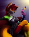 alcohol anthro beverage biped blue_eyes breasts clothing dress female food fur hair long_hair looking_at_viewer multicolored_body multicolored_fur piercing red_hair sitting smile solo coszcatl fayt canid canine fox mammal 4:5 hi_res