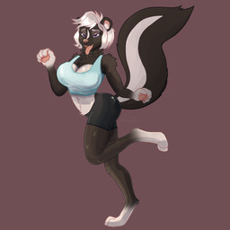 anthro blush breasts female fluffy fluffy_tail hair looking_at_viewer on_one_leg open_mouth open_smile pawpads smile solo standing tail tongue tongue_out goshwinnielee mammal mephitid skunk 1:1 hi_res
