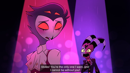 anthro caption clothing dialogue duo formal_clothing formal_wear fur grey_body grey_fur grey_hair hair horn looking_at_viewer male red_eyes short_hair simple_background spotlight text white_face white_text yellow_eyes teathekook hellaverse helluva_boss blitzo_(helluva_boss) stolas_(helluva_boss) avian avian_demon bird demon imp owl owl_demon 16:9 2024 english_text hi_res widescreen