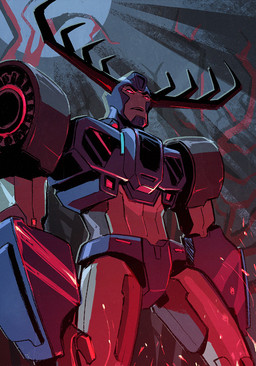antlers decepticon forest horn looking_at_viewer machine male moon night not_furry open_mouth outside plant red_eyes simple_background sky solo standing teeth tree larrydraws hasbro takara_tomy transformers transformers:_robots_in_disguise_(2015) transformers_aligned_continuity thunderhoof_(transformer) cybertronian deer humanoid living_machine mammal robot 2015 digital_media_(artwork)