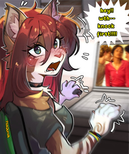 5_fingers anthro biped blush breasts brown_body brown_fur brown_hair clothed clothed_anthro clothed_female clothing female fingers fur green_eyes hair handpaw inside left-handed looking_at_viewer open_mouth paws rear_view solo teeth tongue praquina domestic_cat felid feline felis mammal 2026 digital_drawing_(artwork) digital_media_(artwork) hi_res