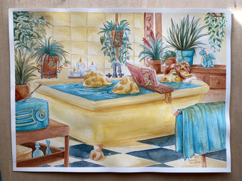 ambiguous_gender bath bathing blue_eyes book candle candlestick inside plant reading solo water phathusa gracey_halvenka giraffe giraffid mammal 4:3 absurd_res hi_res painting_(artwork) traditional_media_(artwork) traditional_painting_(artwork) traditional_watercolor_(artwork) watercolor_(artwork) female_(lore)