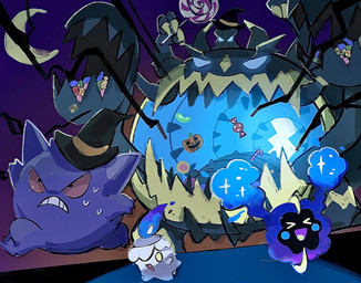 ambiguous_gender blue_eyes bodily_fluids candy candy_cane claws clothing colored_fire cosmic_body crescent_moon dessert eyes_closed fangs fire food glowing glowing_eyes grey_body group happy hat headgear headwear holidays jack-o'-lantern jelly_bean lollipop moon one_eye_obstructed open_mouth pink_sclera purple_body purple_fire running_away size_difference sweat teeth tongue white_body witch_hat yellow_eyes 1south3927 halloween nintendo pokemon animate_inanimate cosmog generation_1_pokemon generation_5_pokemon generation_7_pokemon gengar guzzlord legendary_pokemon litwick pokemon_(species) ultra_beast 2021 hi_res
