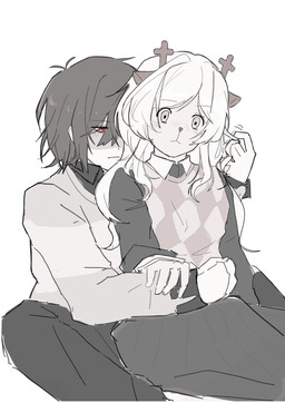 ambiguous_gender anthro antlers blush blush_lines bottomwear clothing duo eyebrow_through_hair eyebrows eyelashes eyelashes_through_hair female hair horn one_eye_obstructed playing_with_hair red_eyes simple_background skirt translucent translucent_hair msssmanibi deltarune undertale_(series) kris_dreemurr noelle_holiday cervine deer human mammal 2025 absurd_res hi_res
