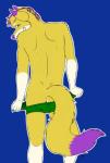 anthro anus blonde_hair blue_background butt clothed clothing fangs fur green_eyes hair looking_back male purple_body purple_fur purple_hair simple_background smile solo teeth topless underwear white_body white_fur yellow_body yellow_fur anowotternpc canid canine fox mammal absurd_res flat_colors hi_res