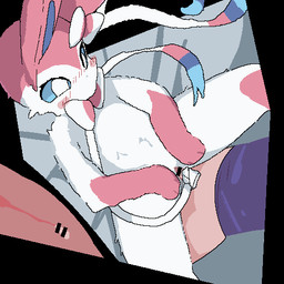 anthro biped blue_body blue_sclera blush bodily_fluids bottomless censor_bar censored_genitalia censored_penis clothed clothing cum cum_in_vagina cum_inside duo erection female female_penetrated fur genital_fluids genitals humanoid_genitalia humanoid_penis ineffective_censorship internal male male/female male_penetrating male_penetrating_female penetration penile penile_penetration penis pink_body pink_fur sex topwear vaginal vaginal_penetration vulva white_body white_eyes white_fur sky_necko nintendo pokemon eeveelution generation_6_pokemon human mammal pokemon_(species) sylveon 1:1 animated censored digital_media_(artwork) low_res pixel_(artwork) pixel_animation