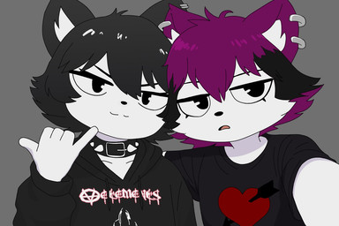 anthro black_hair cat_smile clothing collar duo ear_piercing ear_ring female gesture hair heart_symbol hoodie looking_at_viewer piercing purple_hair ring_piercing selfie shirt short_hair spiked_collar spikes t-shirt topwear razval valeria_(razval) veronica_(e254e) domestic_cat felid feline felis mammal 3:2