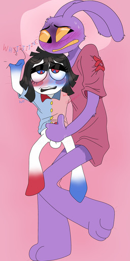anthro bed black_hair blush blushing_profusely bodily_fluids bottomless clothed clothing duo embarrassed erection female flustered fur furniture genitals gradient_limbs gynomorph hair half-closed_eyes handjob holding_each_other holding_partner intersex looking_pleasured male male/female narrowed_eyes on_bed penile penis purple_body purple_fur sex shy size_difference small_penis sweat sweatdrop whining chimeracocks glitch_productions the_amazing_digital_circus jax_(tadc) pomni_(tadc) digital_creature humanoid lagomorph leporid mammal rabbit hi_res trans_(lore) trans_woman_(lore)