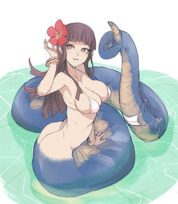 accessory apode bangle big_breasts bikini bottomless bra bracelet breasts brown_eyes brown_hair butt cleavage clothed clothing female flower flower_in_hair hair hair_accessory hibiscus jewelry legless long_hair monster_girl_(genre) open_mouth plant serpentine side-tie_bikini side-tie_clothing side_boob smile solo split_form string_bikini swimwear tied_bikini tied_clothing tropical two-piece_swimsuit underwear bansanv3 draconcopode humanoid lamia reptile scalie snake sketch